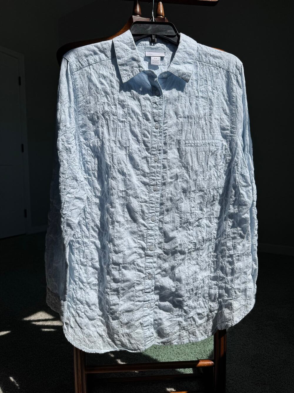 Soft Surroundings LP Crinkle Textured Button Front Shirt Blue Cotton Coastal